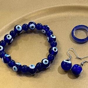 Blue Evil Eye glass Bracelet ring Dangle Earring 3pc  Set